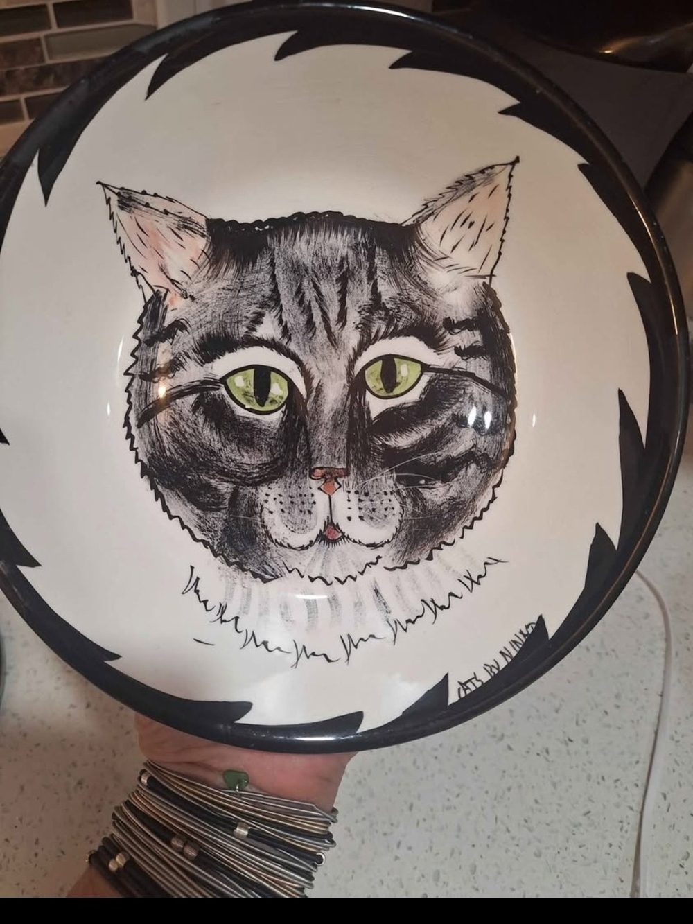 Hand-Painted Cat Ceramic Bowl - White with Black Cats By Nina